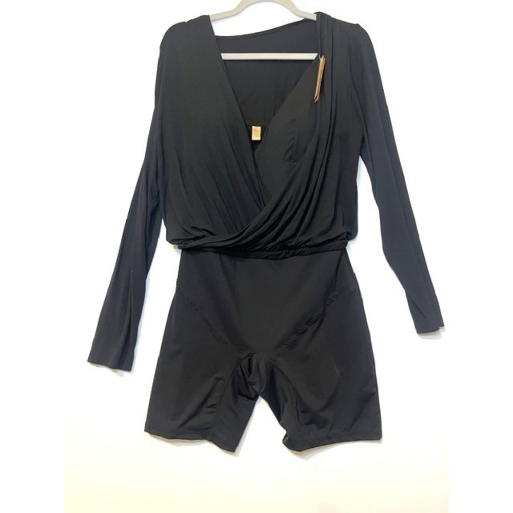 Shapellx Womens Black Long Sleeve Wrap Front Shapewear Romper XL New